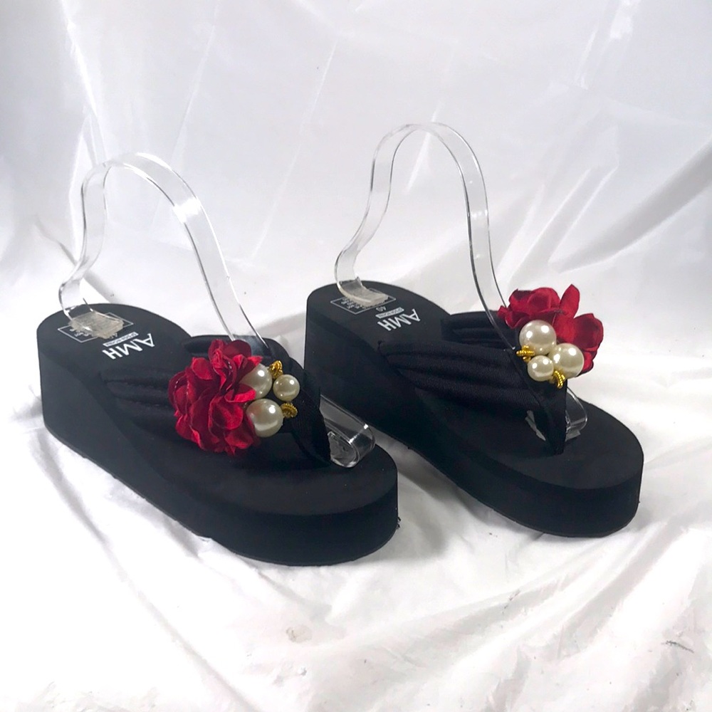 Womens Summer Black With Red Flowers & Jewels Slip On Vegan Platform Thong Shoes
